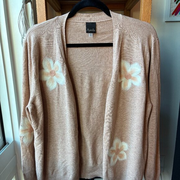 Brown Cardigan Sweater with White Felt Floral Design - Super Soft - Size XL - Picture 1 of 8